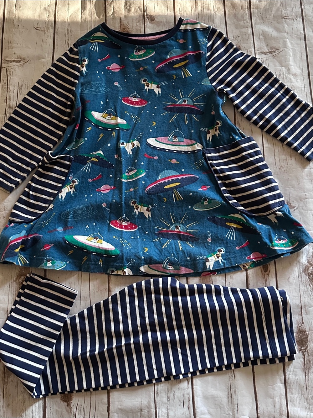 Mini Boden space outfit tunic (fair small faint marker) leggings (vguc) 8/9